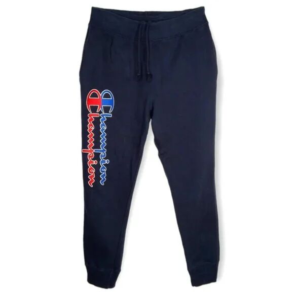 Champion Reverse Weave Sweatpants Joggers Size Large Navy Blue Huge Double Logo - Picture 1 of 7